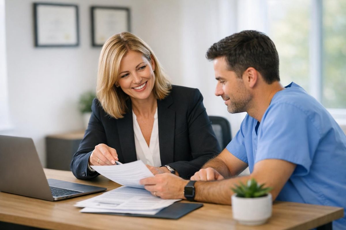 Mortgage advisor consulting with a physician about doctor home loan options