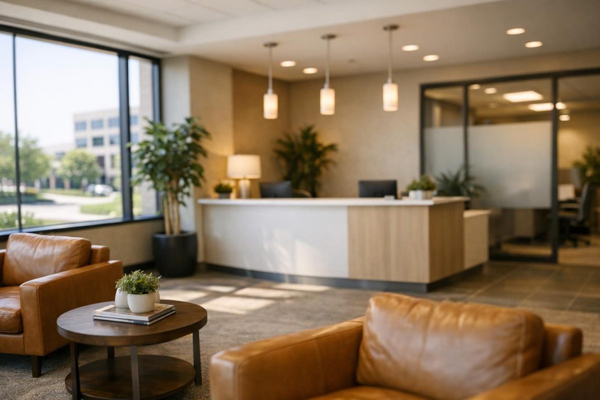 Welcoming reception area at a mortgage office specializing in doctor home loans