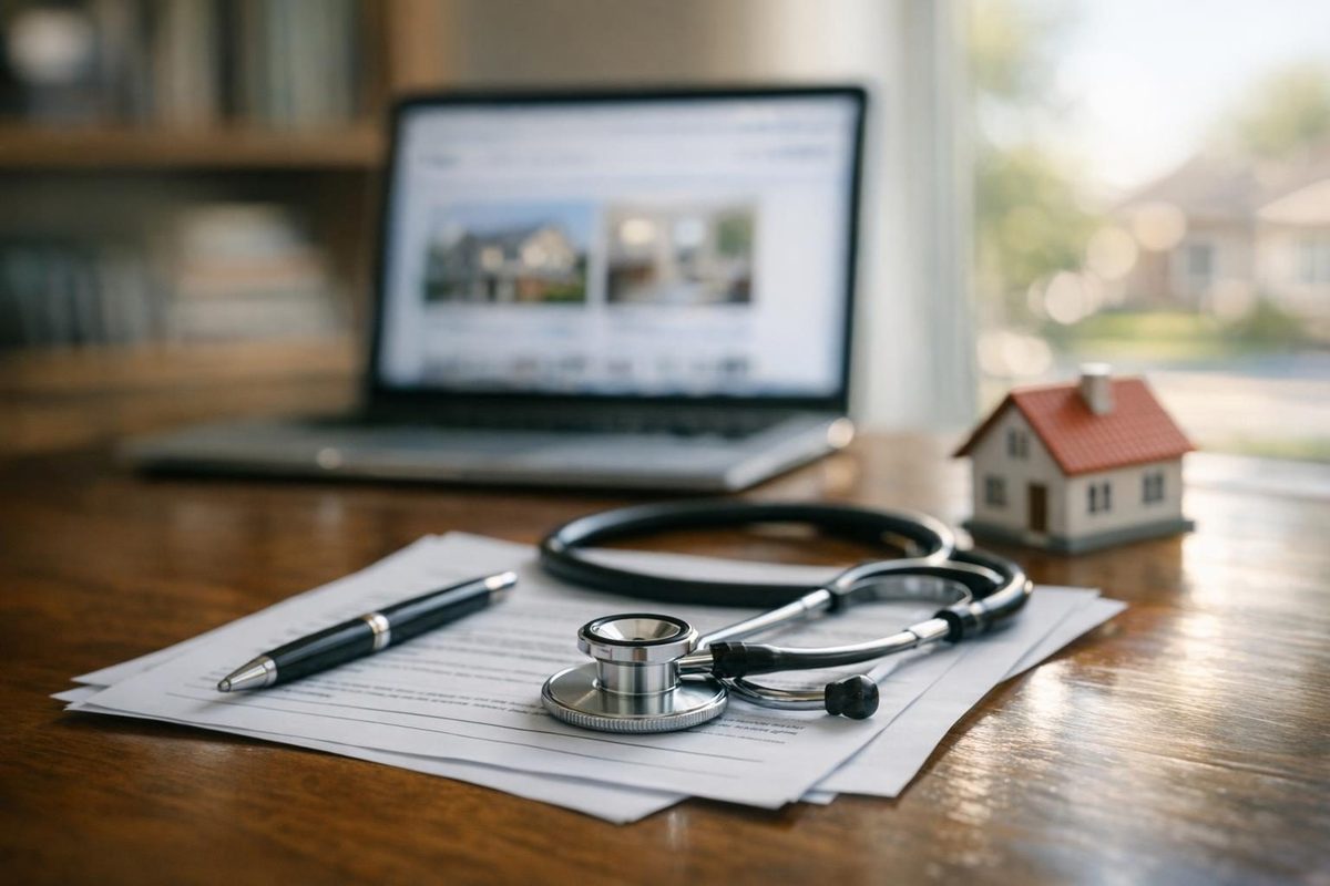 Doctor home loan application with stethoscope and mortgage documents on a desk
